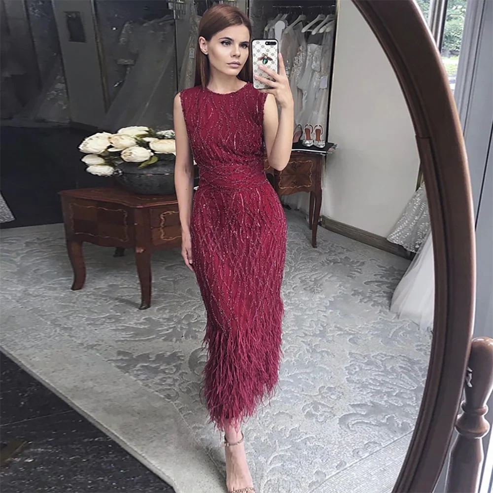 Elegant Arabic Black & White Feather Midi Evening Dresses LA72076