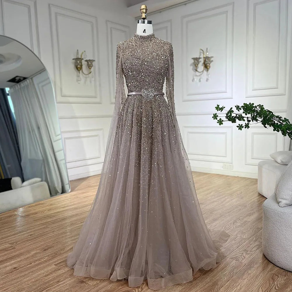 Luxury Blue A-Line High Neck Beaded Evening Dress with Cape Sleeves LA70066B