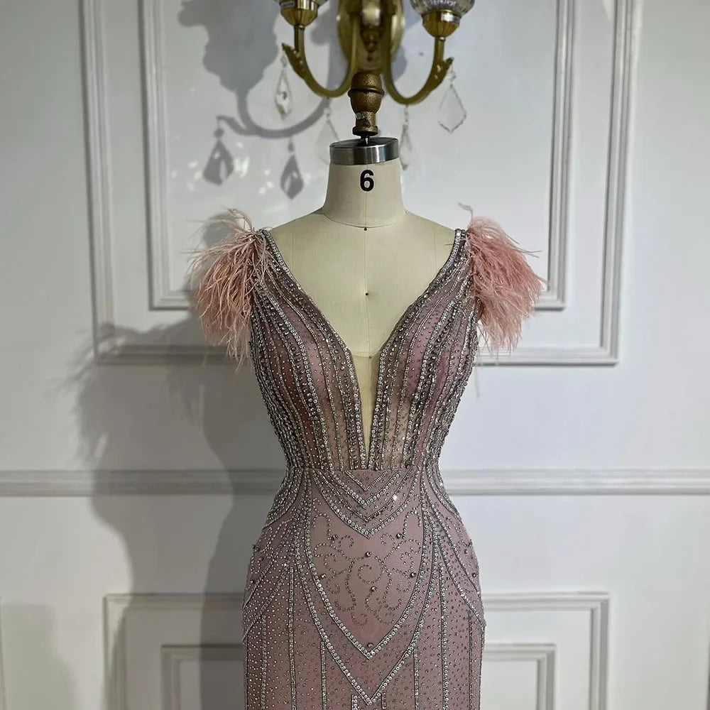 Luxury Dubai Blue Mermaid Evening Dress with Pearls and Feathers LA72578