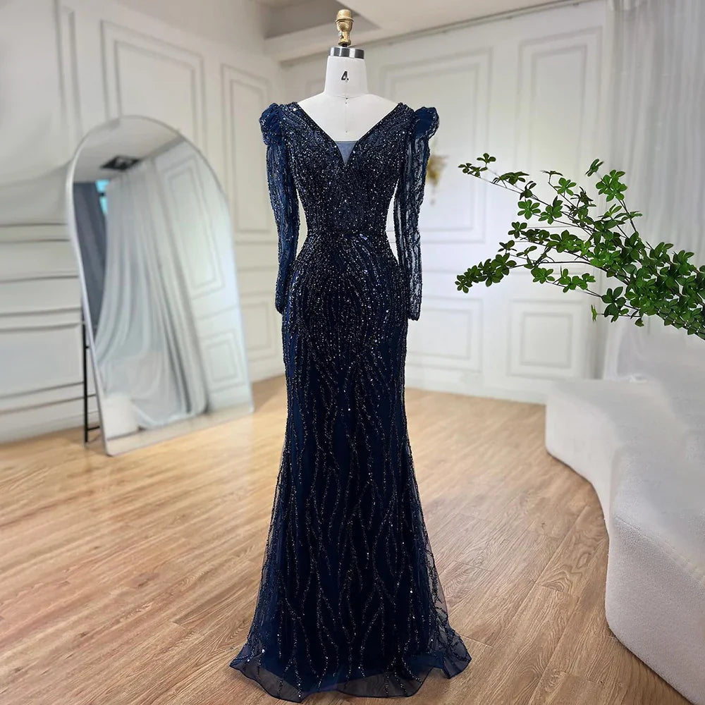 Luxury Blue Arabic Mermaid Beaded Evening Dress LA71931