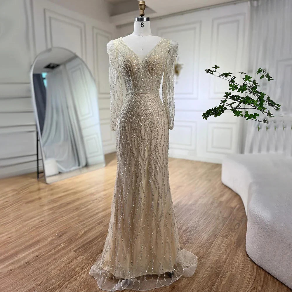 Luxury Blue Arabic Mermaid Beaded Evening Dress LA71931
