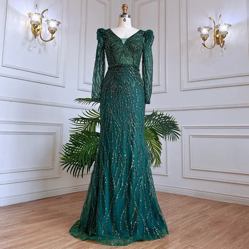 Luxury Blue Arabic Mermaid Beaded Evening Dress LA71931