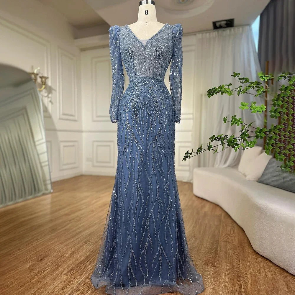 Luxury Blue Arabic Mermaid Beaded Evening Dress LA71931