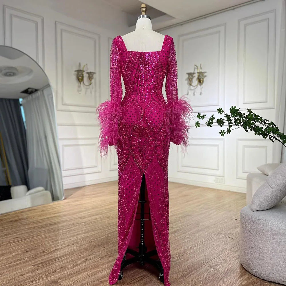Luxury Fuchsia Dubai Evening Dress Long Sleeves with Feather LA72565