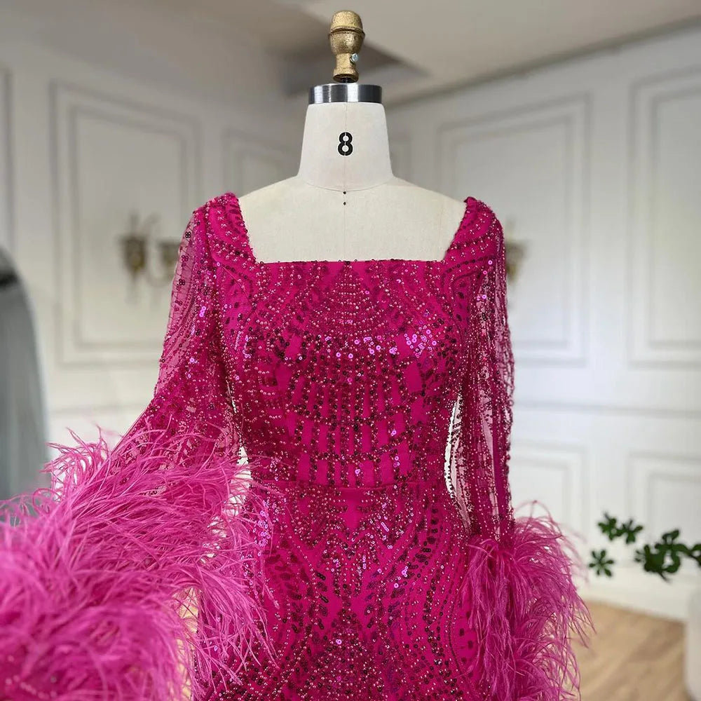 Luxury Fuchsia Dubai Evening Dress Long Sleeves with Feather LA72565