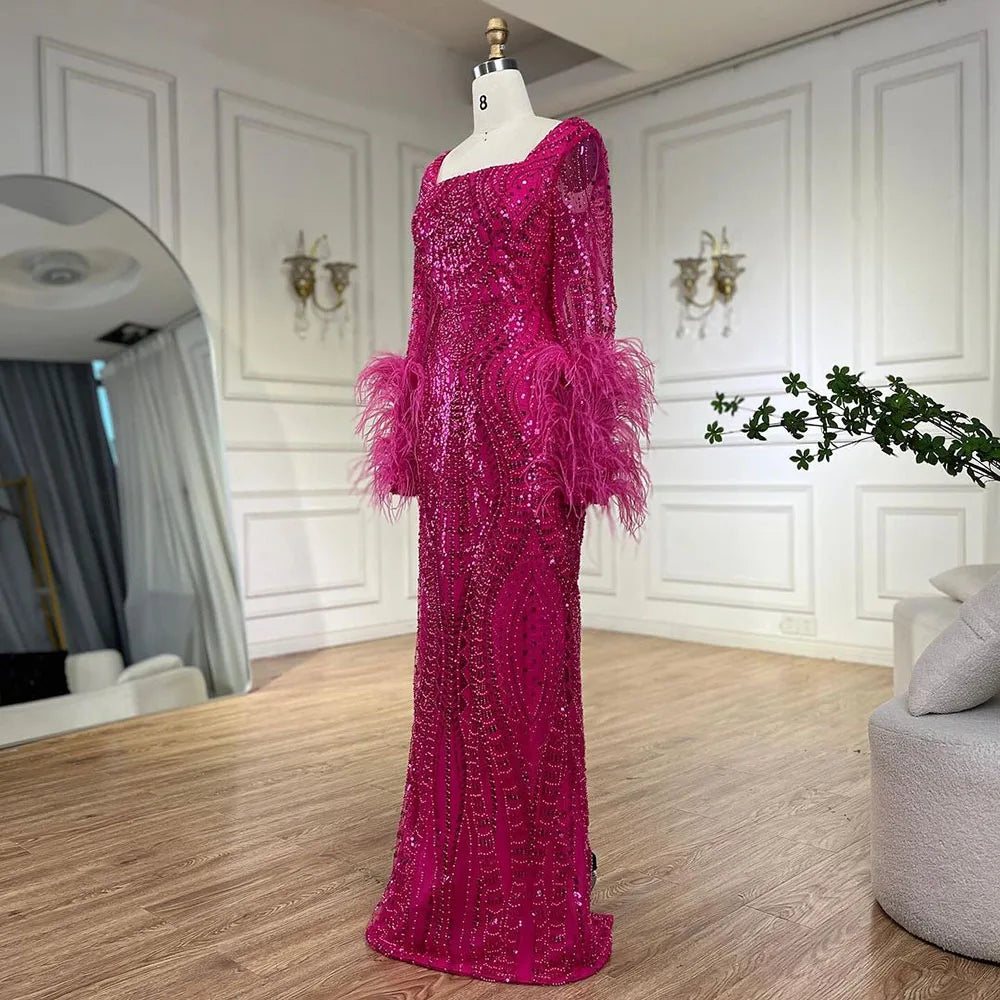 Luxury Fuchsia Dubai Evening Dress Long Sleeves with Feather LA72565