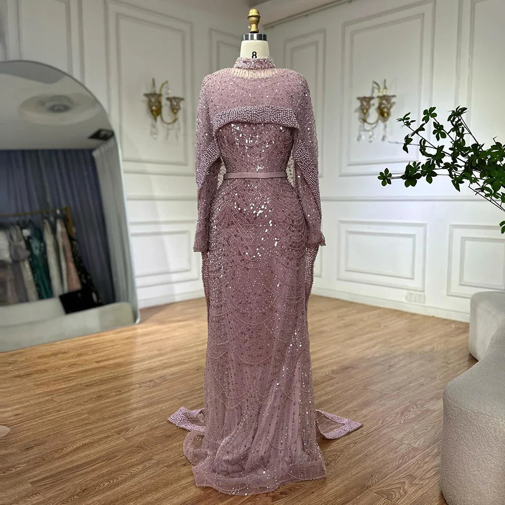 Luxury Dubai Muslim Long Sleeve Evening Dresses Pearls Beaded Gowns LA72032MP