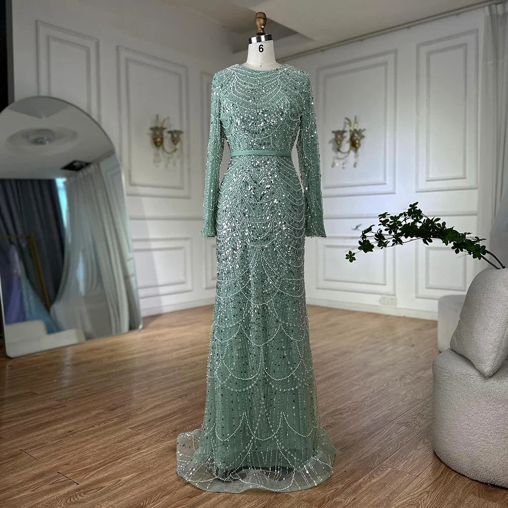 Luxury Dubai Muslim Long Sleeve Evening Dresses Pearls Beaded Gowns LA72032MP