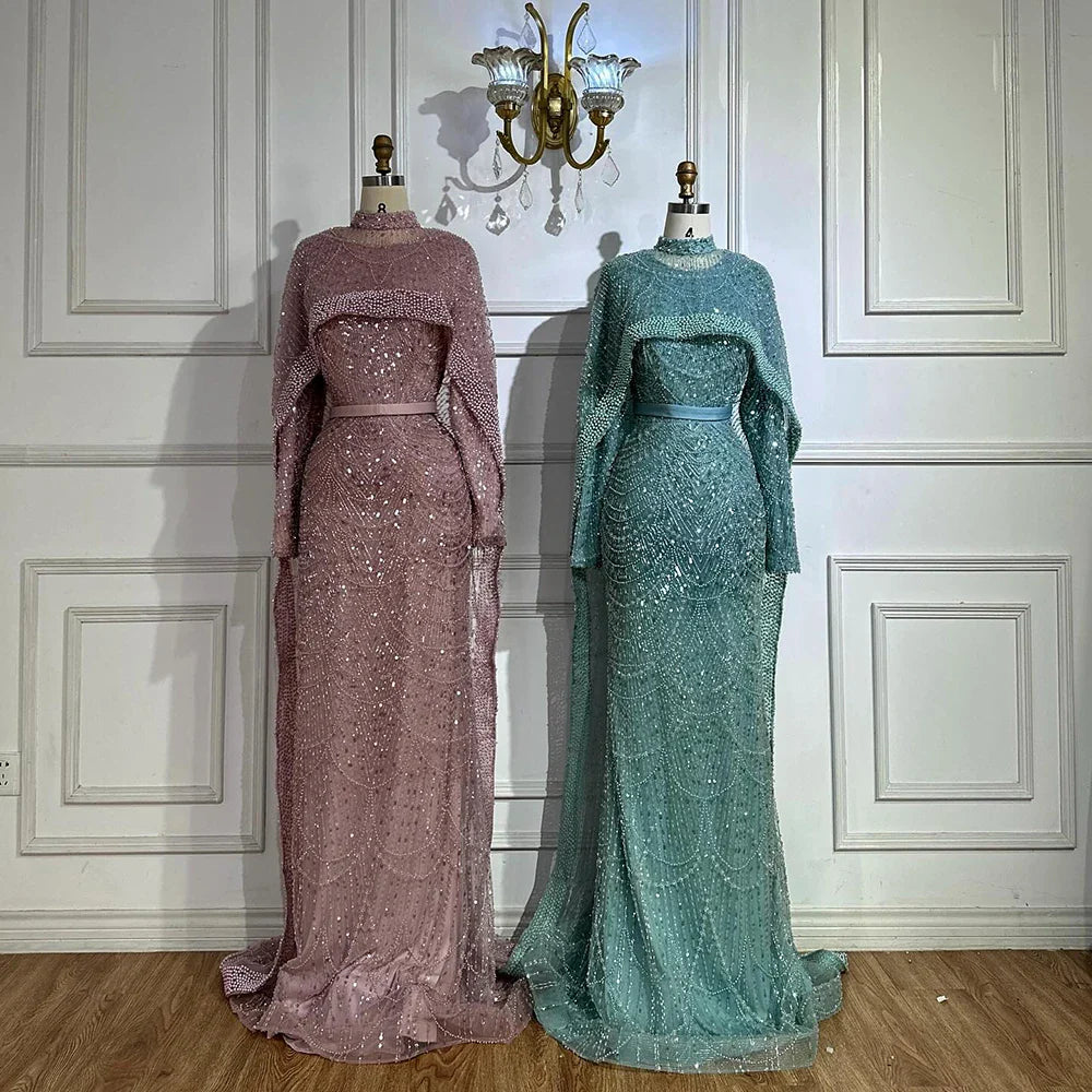 Luxury Dubai Muslim Long Sleeve Evening Dresses Pearls Beaded Gowns LA72032MP