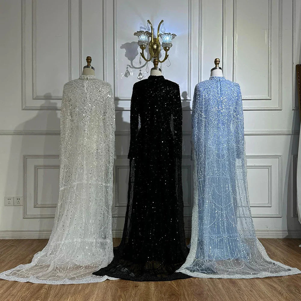 Luxury Dubai Muslim Long Sleeve Evening Dresses Pearls Beaded Gowns LA72032MP