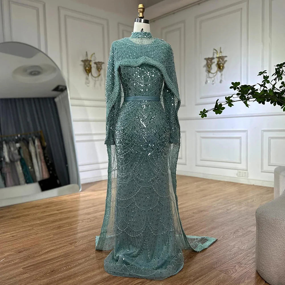 Luxury Dubai Muslim Long Sleeve Evening Dresses Pearls Beaded Gowns LA72032MP