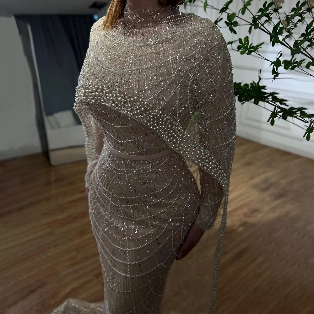 Serene Hill Muslim Nude Mermaid Long Cape Dubai Arabia Luxury Evening Dresses Gowns for Women Wedding Party 2024 LA72032
