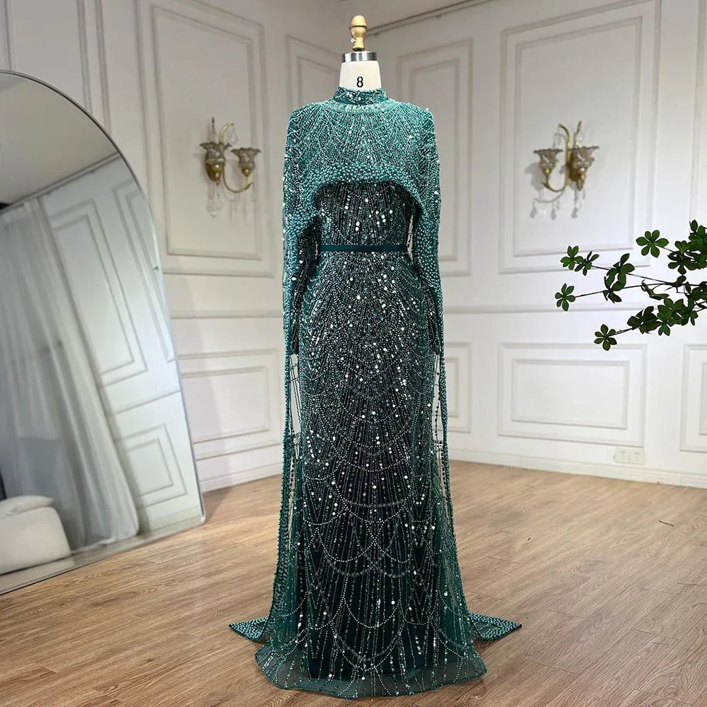 Serene Hill Muslim Nude Mermaid Long Cape Dubai Arabia Luxury Evening Dresses Gowns for Women Wedding Party 2024 LA72032