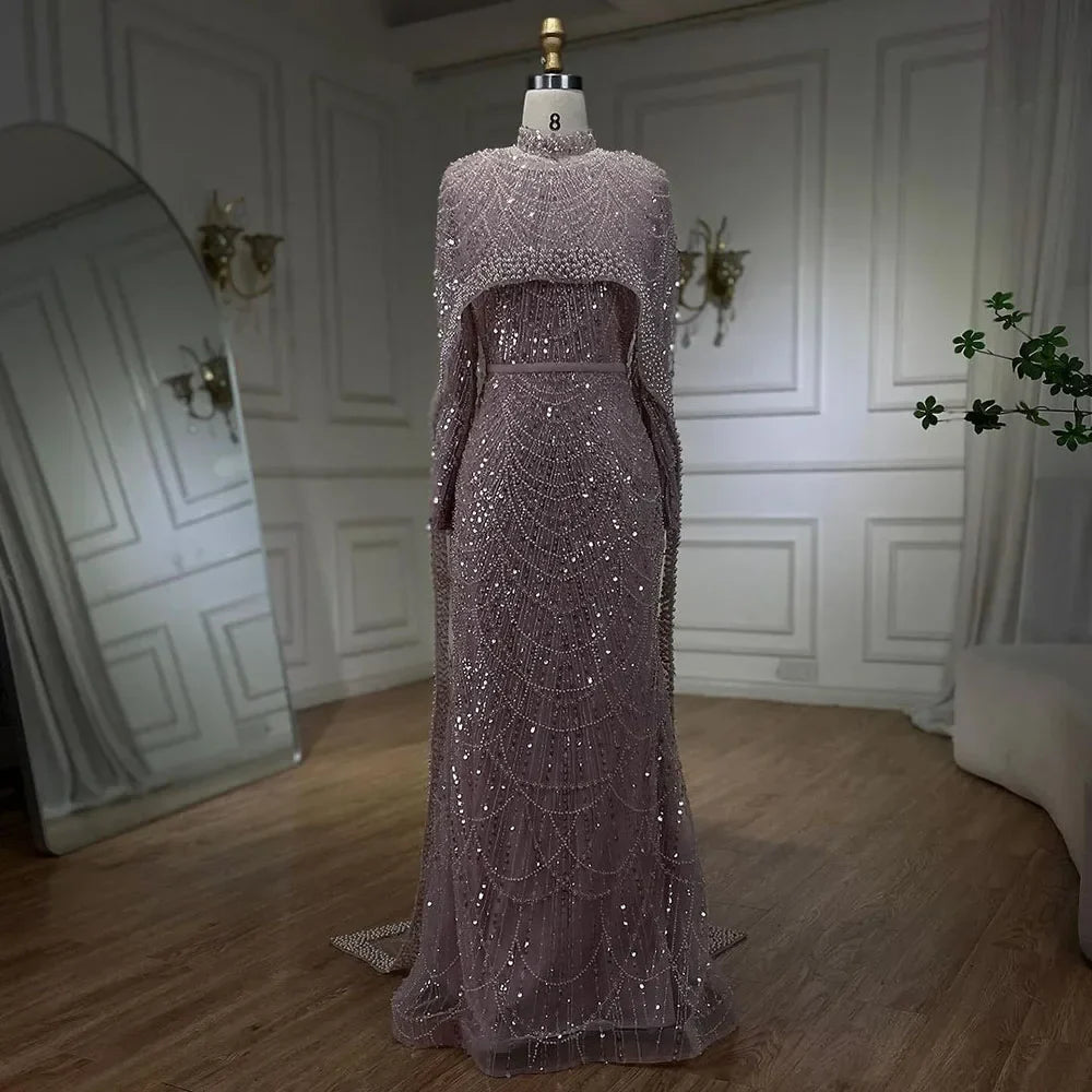 Serene Hill Muslim Nude Mermaid Long Cape Dubai Arabia Luxury Evening Dresses Gowns for Women Wedding Party 2024 LA72032