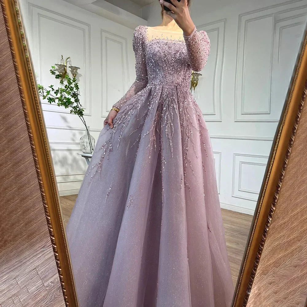 Luxury Pink Long Sleeves Dubai Evening Dresses Gowns For Party LA71915