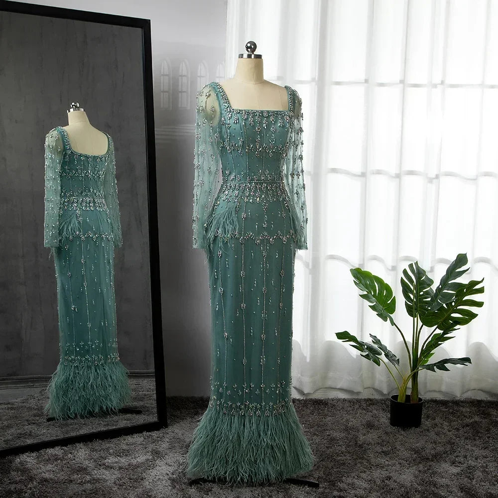 Muslim Luxury Feather Ankle Evening Dress with Long Sleeves LA71722