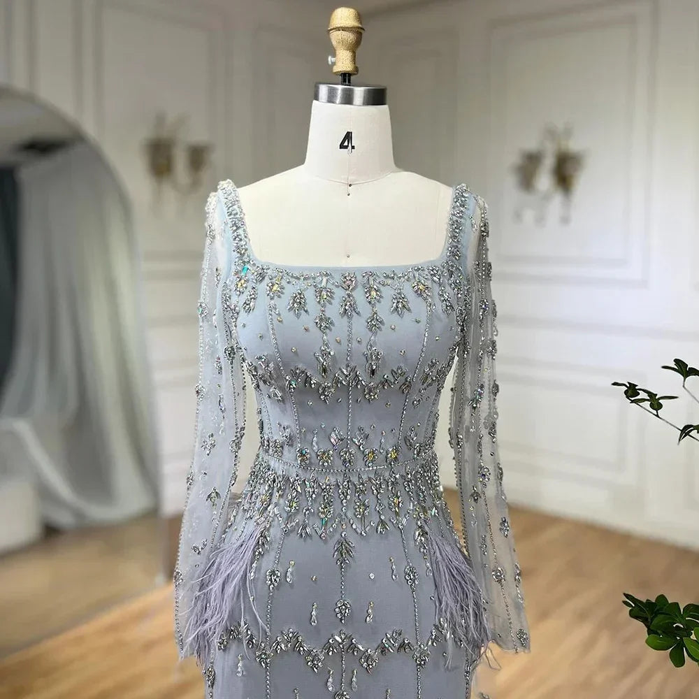 Muslim Luxury Feather Ankle Evening Dress with Long Sleeves LA71722