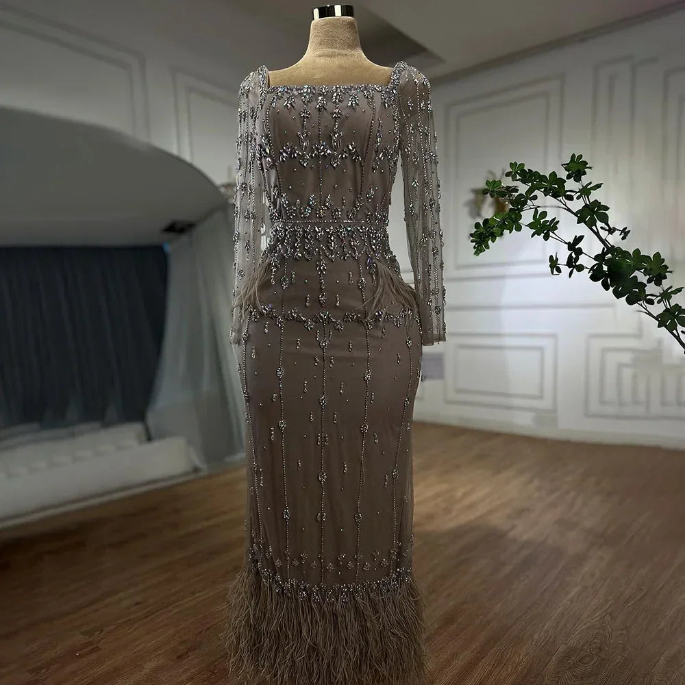 Muslim Luxury Feather Ankle Evening Dress with Long Sleeves LA71722