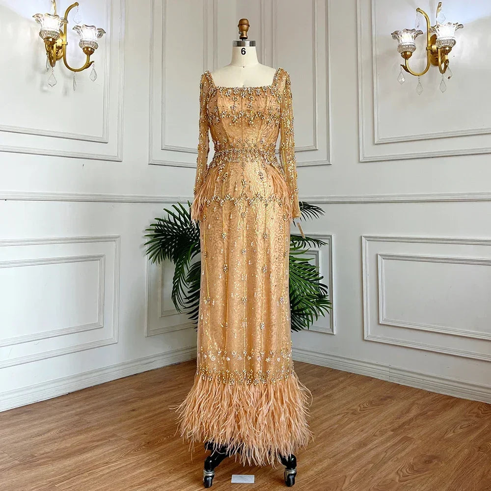 Muslim Luxury Feather Ankle Evening Dress with Long Sleeves LA71722