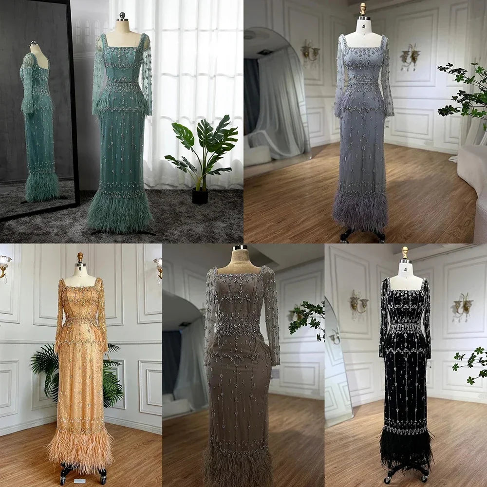 Muslim Luxury Feather Ankle Evening Dress with Long Sleeves LA71722