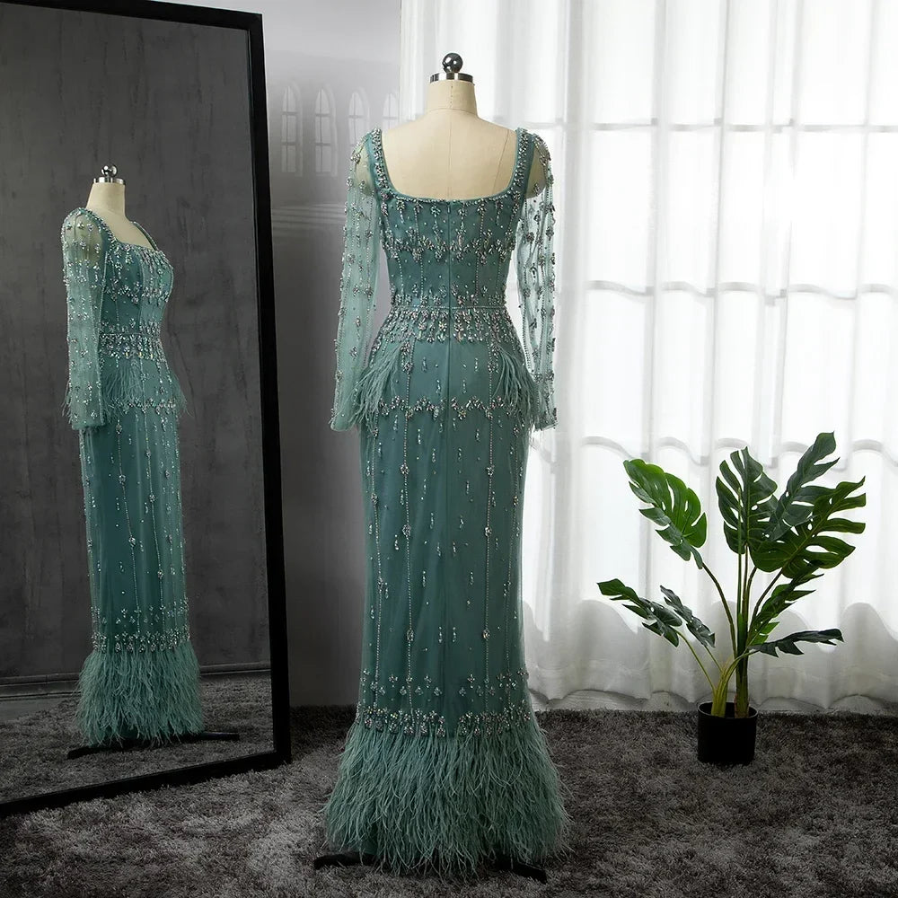 Muslim Luxury Feather Ankle Evening Dress with Long Sleeves LA71722