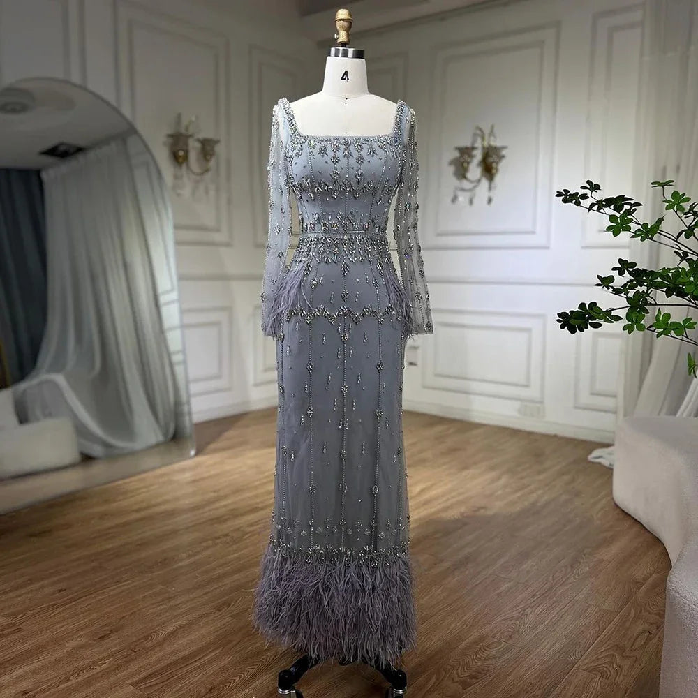 Muslim Luxury Feather Ankle Evening Dress with Long Sleeves LA71722