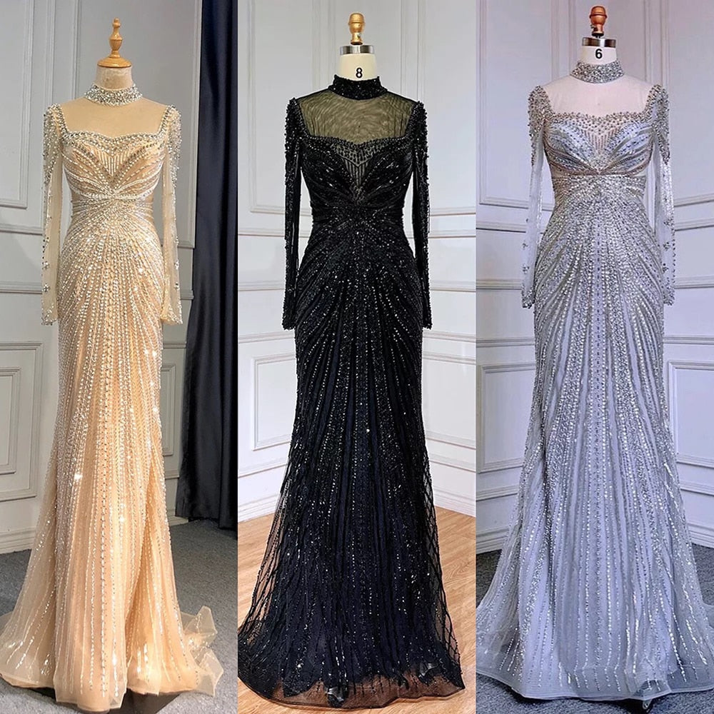 Luxury Nude Muslim Beaded Tassel Mermaid Evening Wedding Party Dresses LA71533