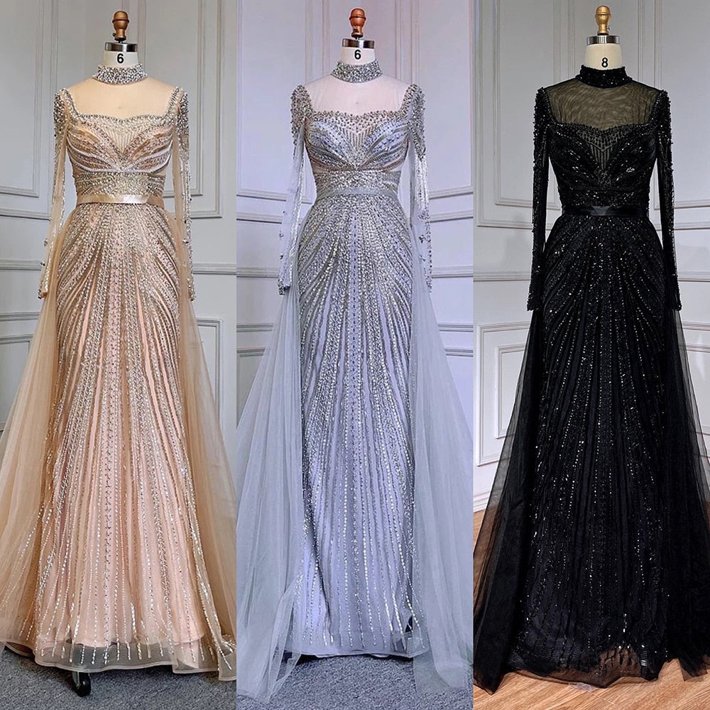 Luxury Nude Muslim Beaded Tassel Mermaid Evening Wedding Party Dresses LA71533