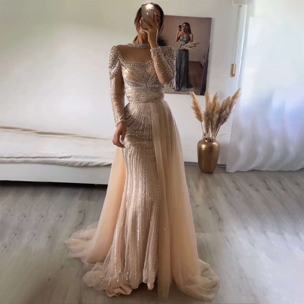Luxury Nude Muslim Beaded Tassel Mermaid Evening Wedding Party Dresses LA71533