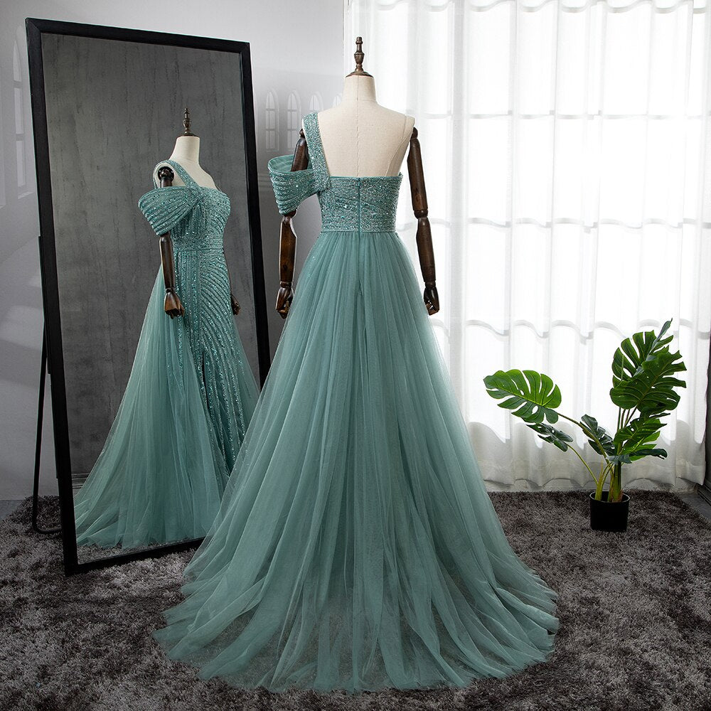 Luxury Sage Green Evening Dress One Shoulder Wedding Party Gowns LA71651