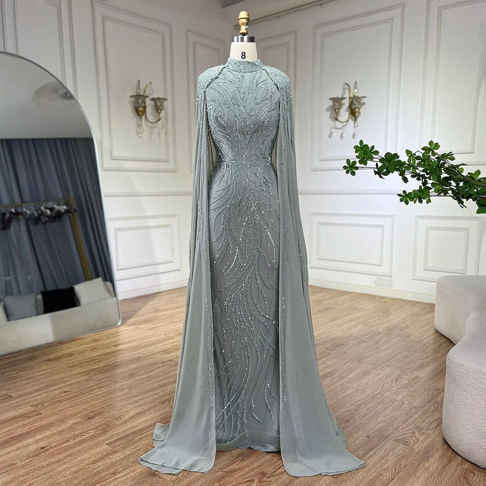 Luxury Muslim Sage Green Evening Dresses Gowns with Cape Long Sleeves LA72413A
