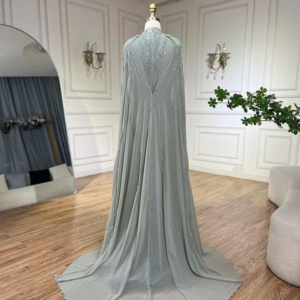 Luxury Muslim Sage Green Evening Dresses Gowns with Cape Long Sleeves LA72413A