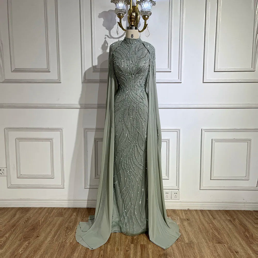 Luxury Muslim Sage Green Evening Dresses Gowns with Cape Long Sleeves LA72413A