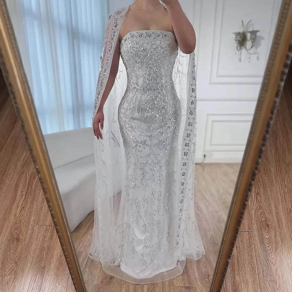 Luxury White Dubai Arabia Beading Evening Dress With Cape LA72870