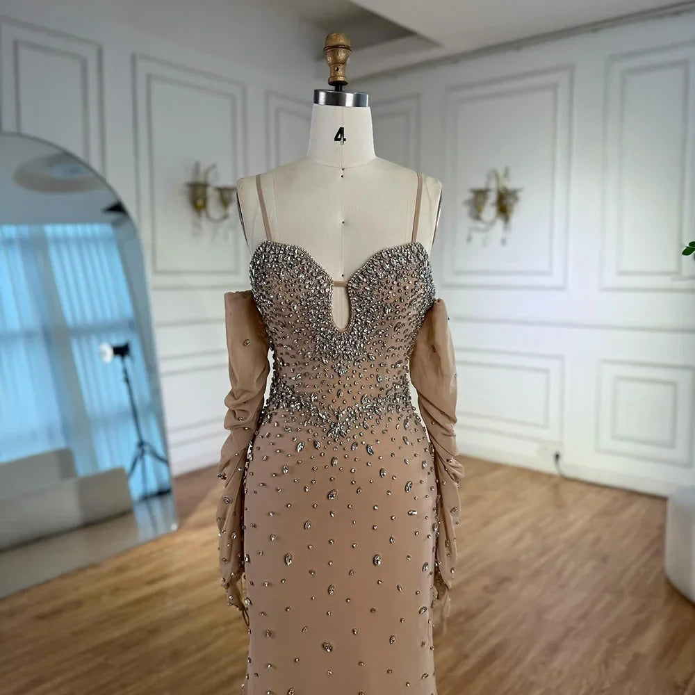Luxury Nude Beaded Mermaid Dress with Detachable Sleeves LA73065