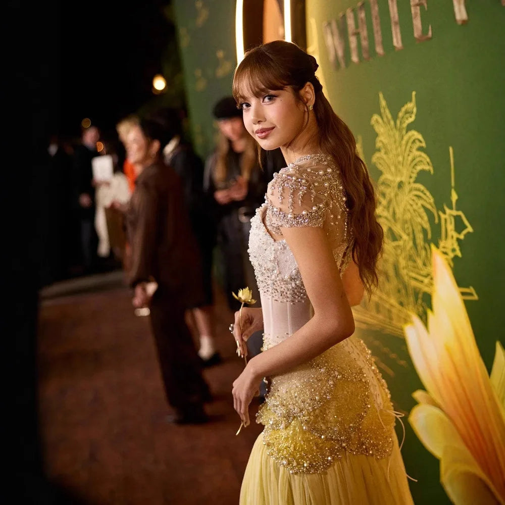 Luxury Yellow Pearls A-Line Evening Dress with Flowing Coat LA72978