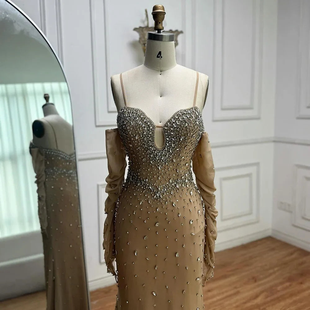 Luxury Nude Beaded Mermaid Dress with Detachable Sleeves LA73065