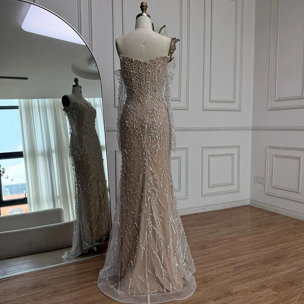Luxury Nude Strapless Pearl Beaded Mermaid Evening Gown with Gloves LA72345C
