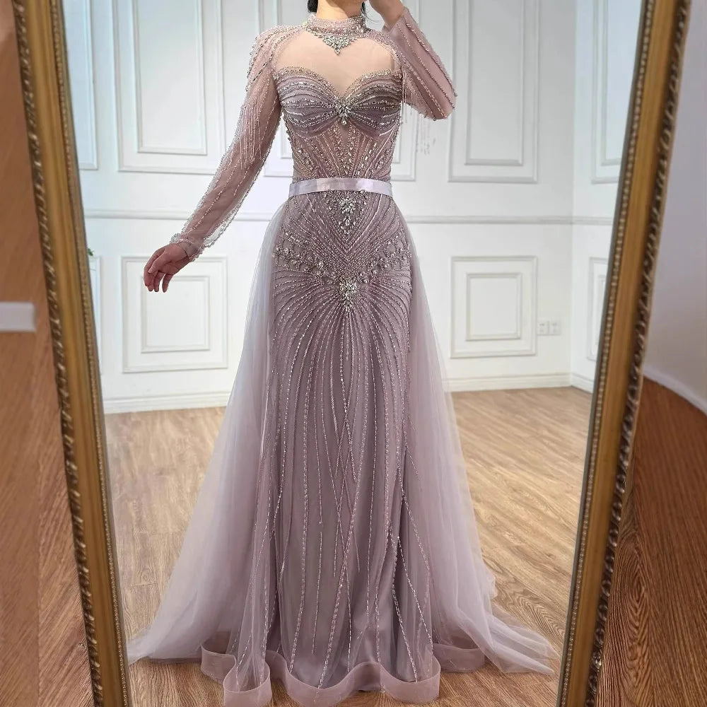 Luxury Nude Beaded Evening Dress with Detachable Overskirt LA72990
