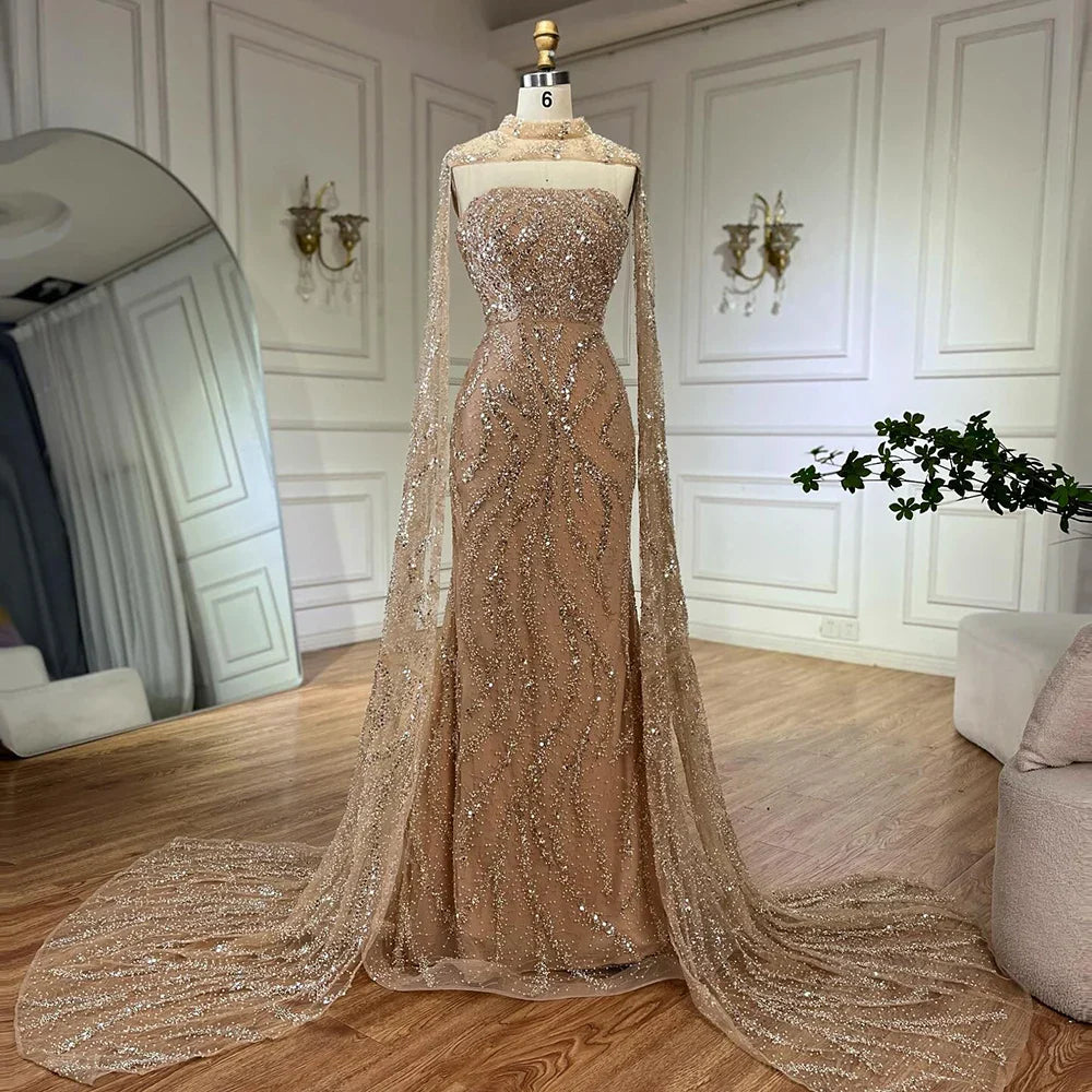 Luxury Nude Mermaid Evening Dress with Cape Sleeves LA72824