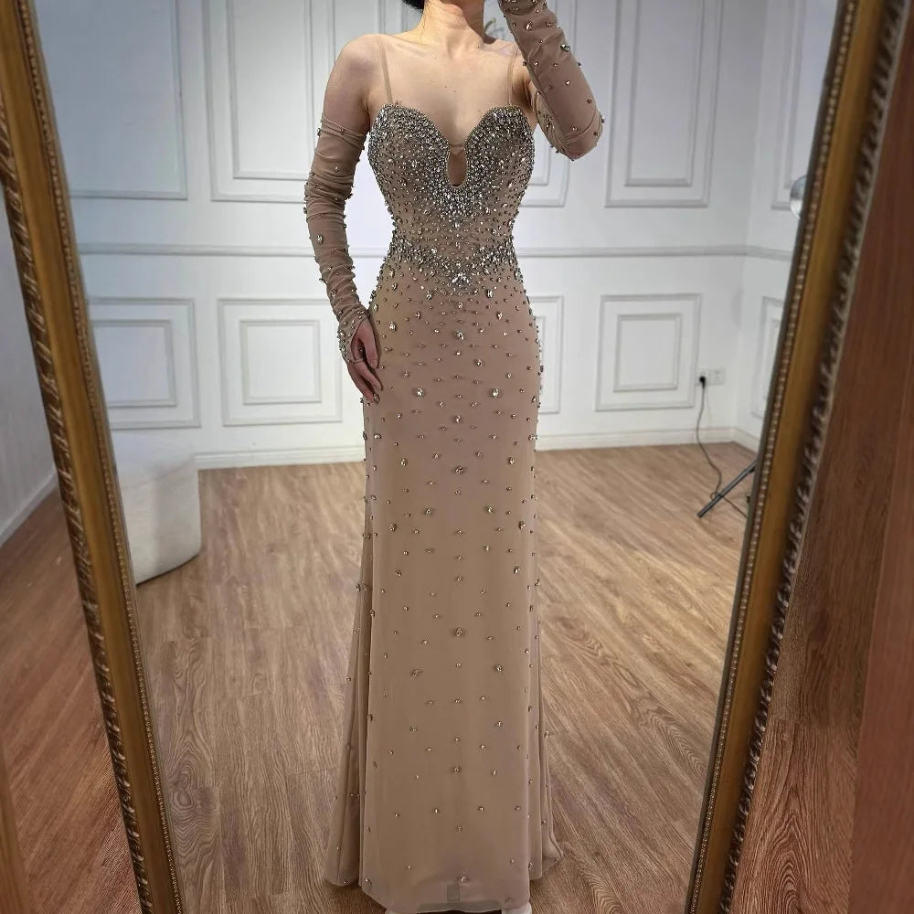 Luxury Nude Beaded Mermaid Dress with Detachable Sleeves LA73065