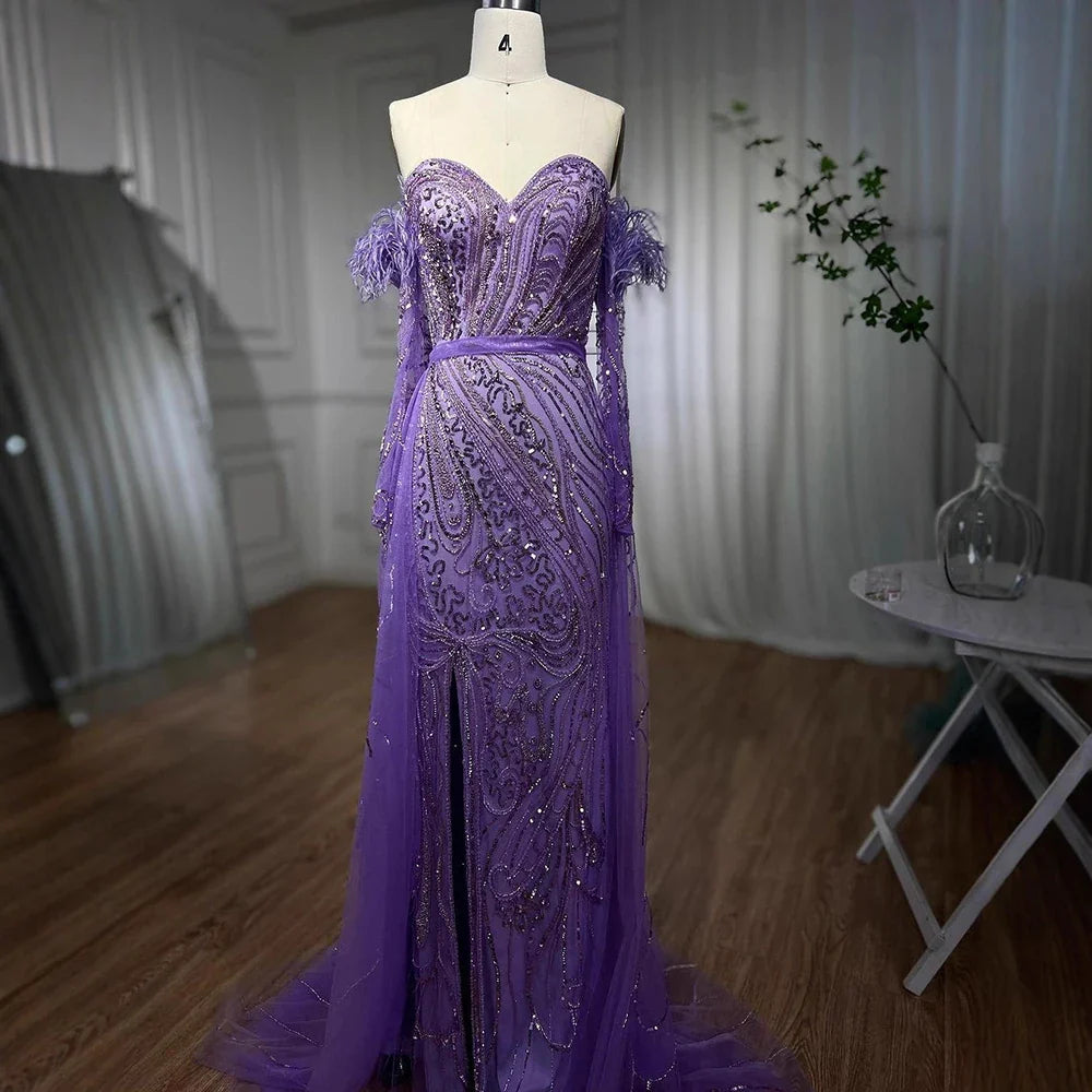 Luxury Arabic Nude Mermaid High Split Feather Beaded Evening Dress LA71910