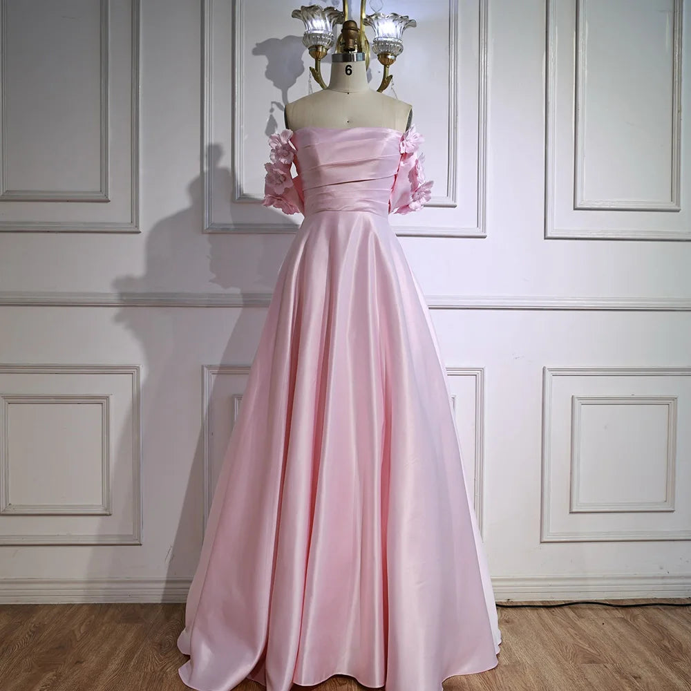 Luxury Pink Satin A Line Off Shoulder Arabic Evening Dress LA73036