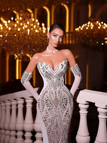 Luxury Silver Crystal Strapless Beaded Evening Dress With Necklace Gloves  LA73662