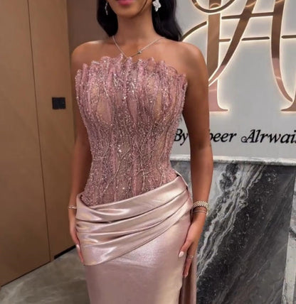 Luxury Saudi Arabia Pink Corset Mermaid Beaded Evening Dress LA73628