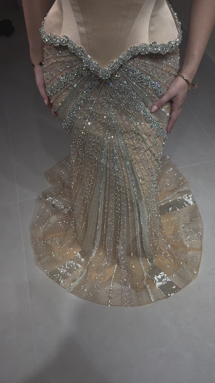 Luxury Nude Spaghetti Strap Diamond Corset Shiny Mermaid Evening Dress LA73443