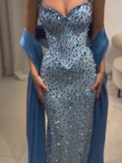 Luxury Blue Diamond Halter Evening Dress With Cape LA73471