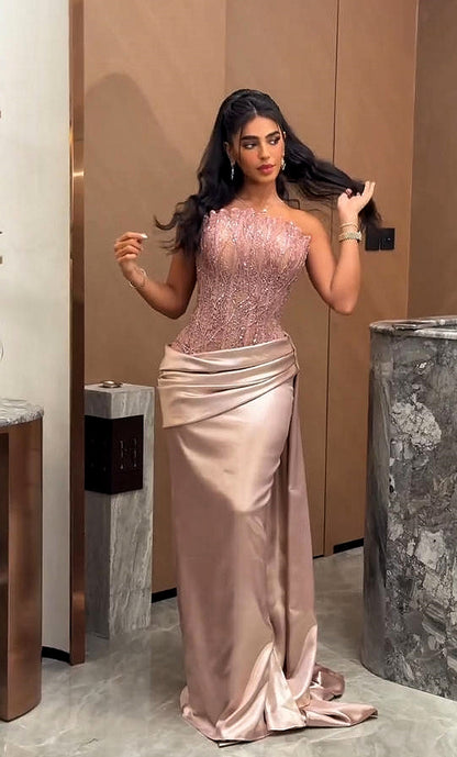 Luxury Saudi Arabia Pink Corset Mermaid Beaded Evening Dress LA73628