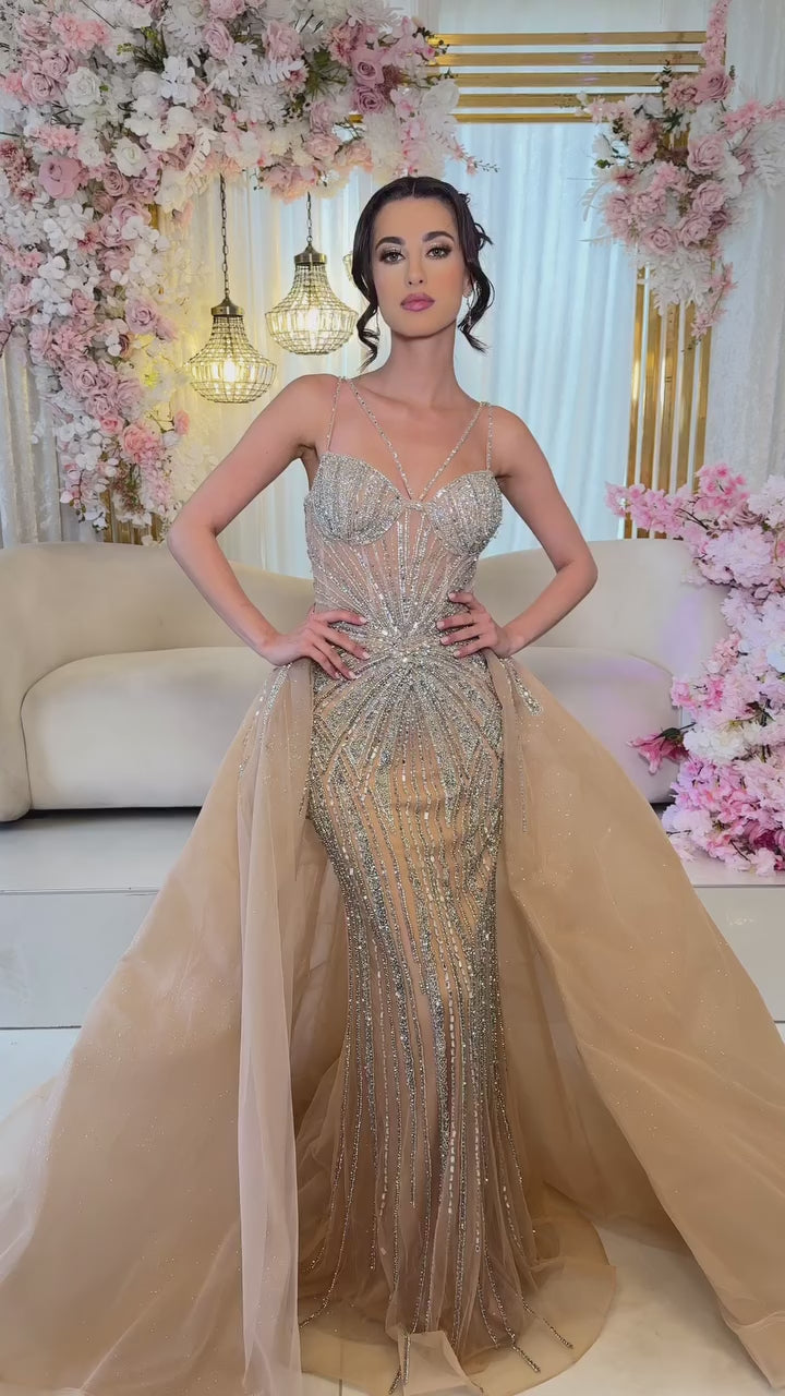 Luxury Nude Spaghetti Strap Mermaid Evening Dress with Overskirt Beaded LA73090A