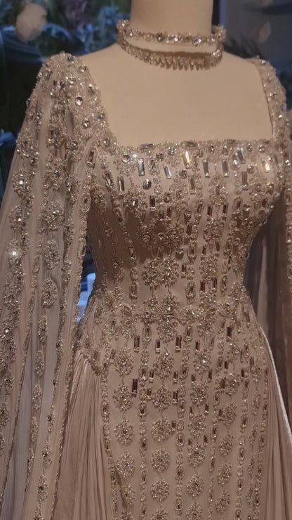 Luxury Nude Dubai Crystal Evening Dress with Cape LA73272